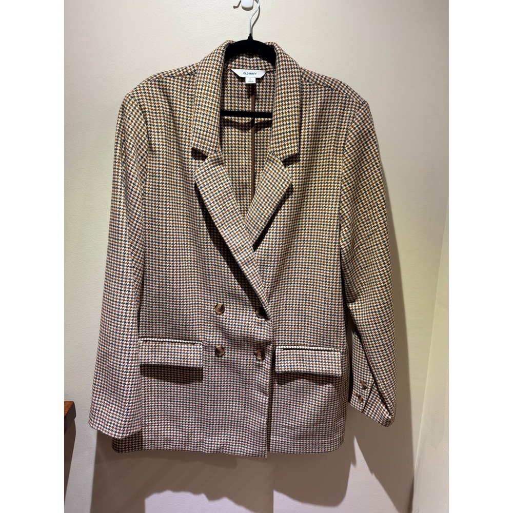 Old Navy Womens XL TALL Houndstooth Double Breasted Blazer Brown Plaid Jacket